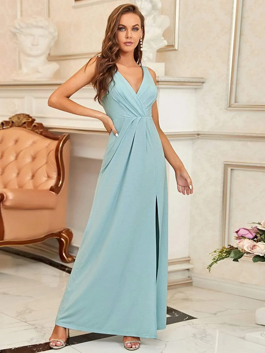 Floor Length V Neck Shiny Evening Dress with Side Slit