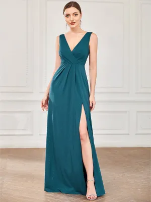 Floor Length V Neck Shiny Evening Dress with Side Slit