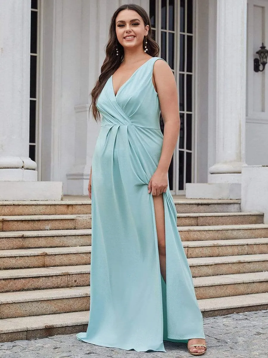 Floor Length V Neck Shiny Evening Dress with Side Slit