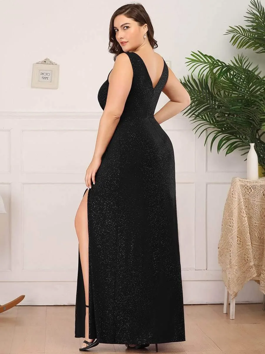 Floor Length V Neck Shiny Evening Dress with Side Slit