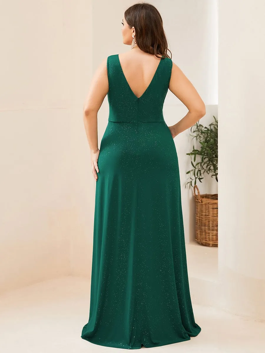 Floor Length V Neck Shiny Evening Dress with Side Slit