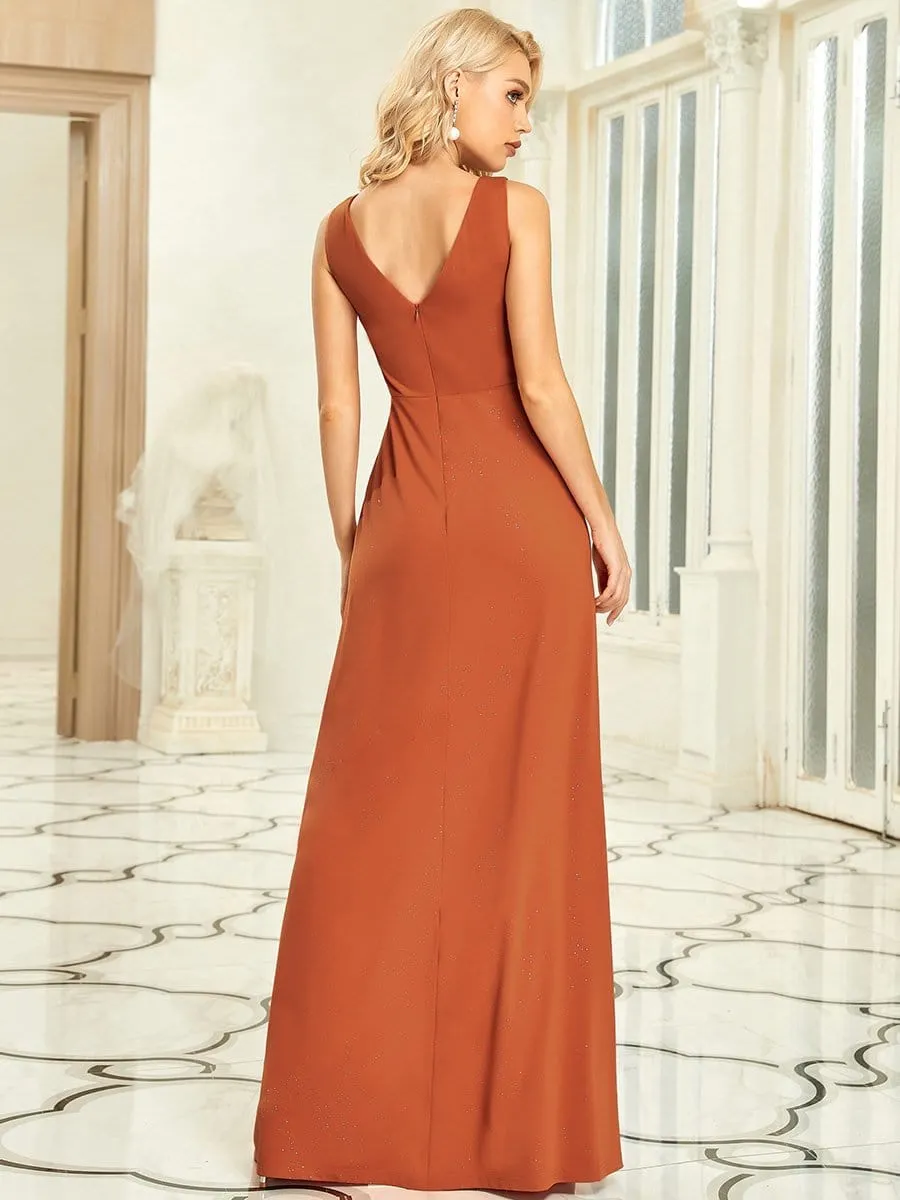 Floor Length V Neck Shiny Evening Dress with Side Slit