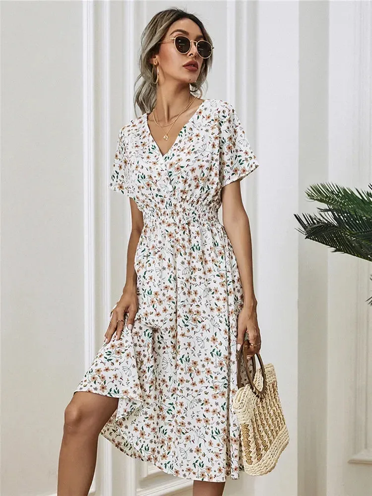 Floral Chic Summer Short Sleeve Women's Fashionable Midi Dress