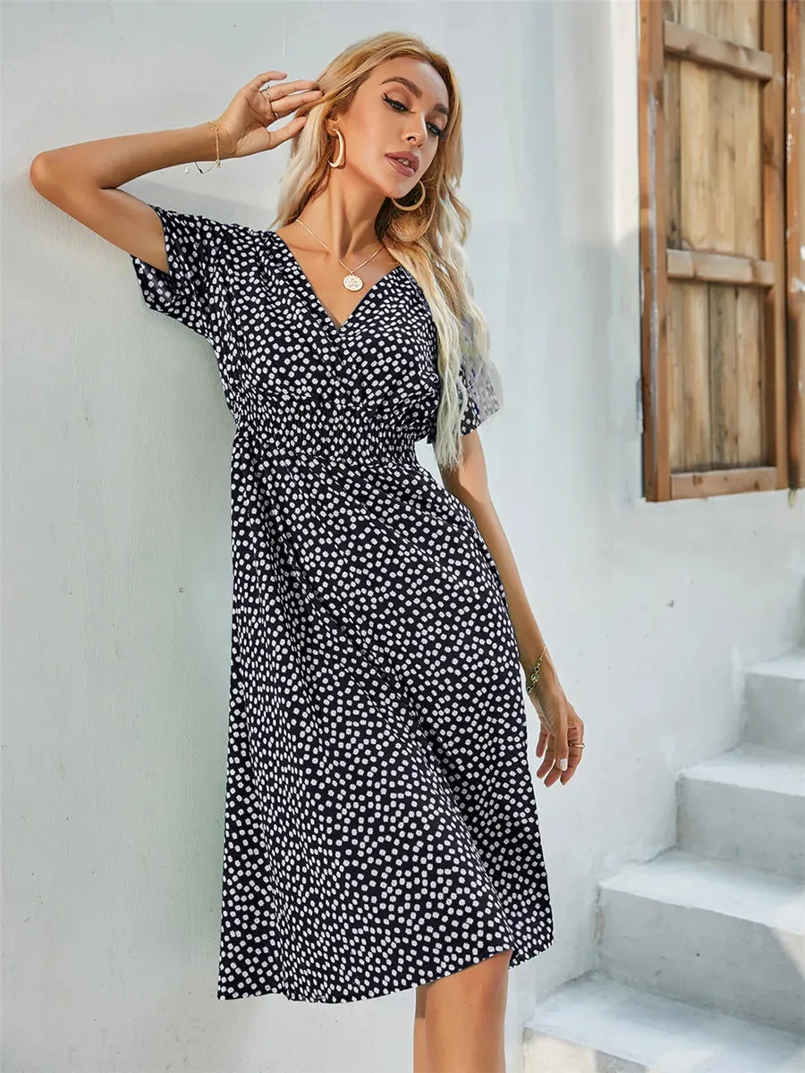 Floral Chic Summer Short Sleeve Women's Fashionable Midi Dress