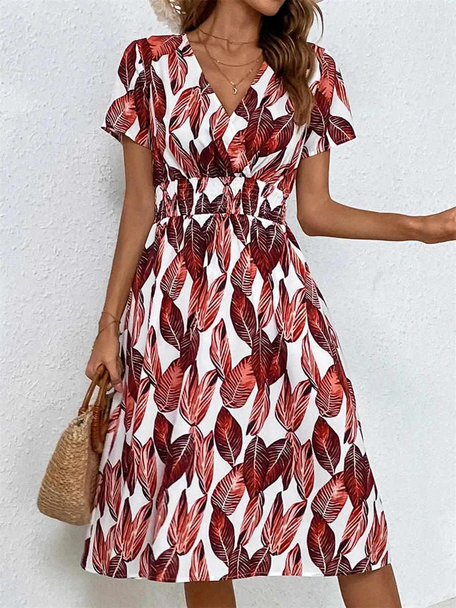 Floral Chic Summer Short Sleeve Women's Fashionable Midi Dress