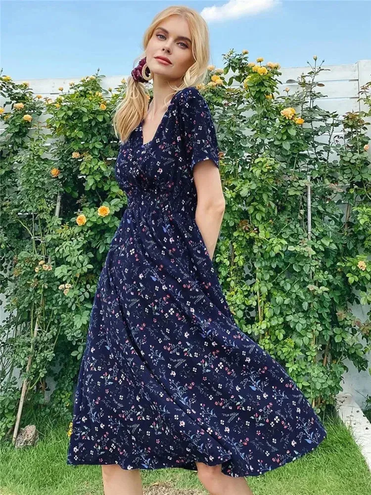 Floral Chic Summer Short Sleeve Women's Fashionable Midi Dress