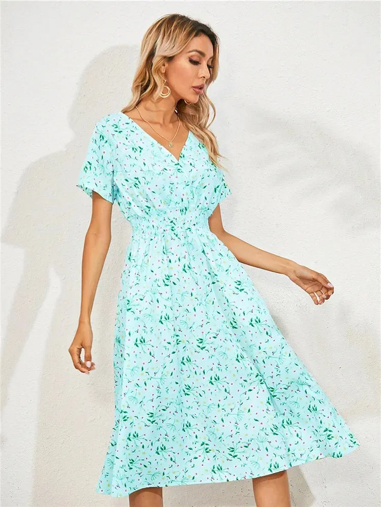 Floral Chic Summer Short Sleeve Women's Fashionable Midi Dress