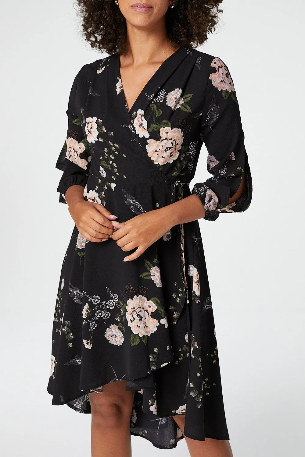 Floral Long Sleeve Wrap Dress