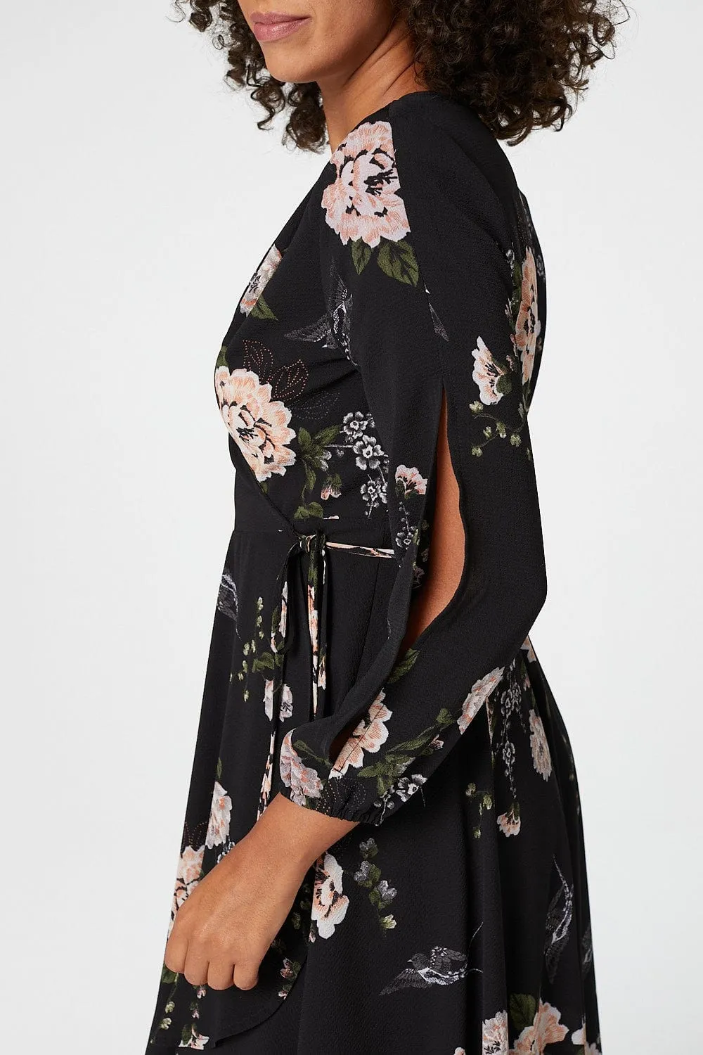 Floral Long Sleeve Wrap Dress