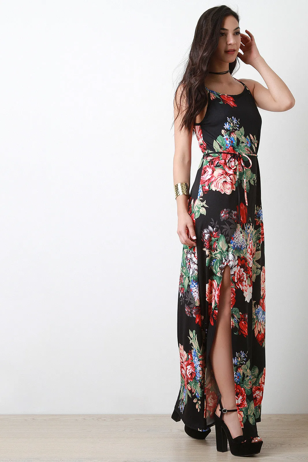 Floral Print Deep Slit Sleeveless Waist-Tie Maxi Dress