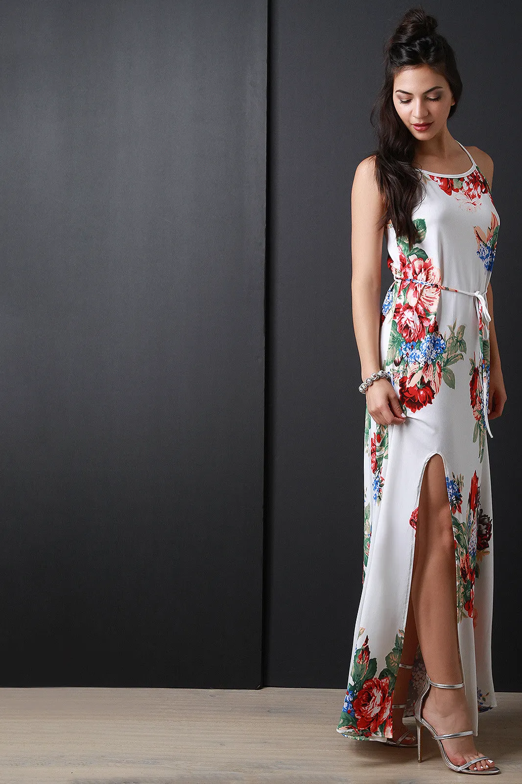 Floral Print Deep Slit Sleeveless Waist-Tie Maxi Dress