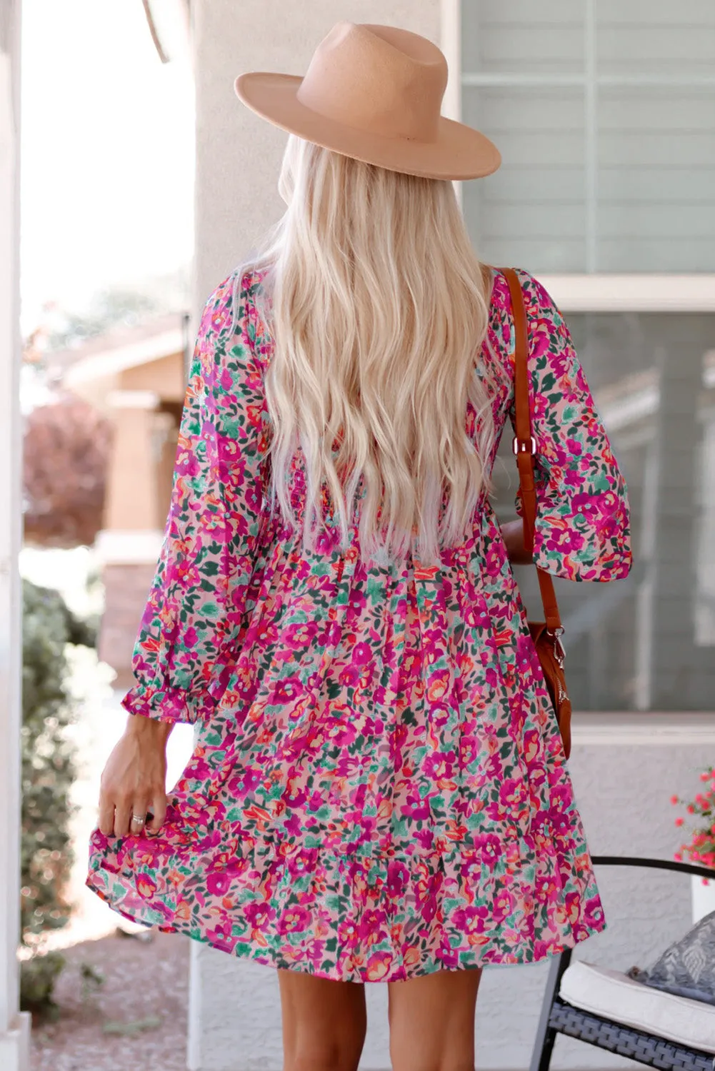 Floral Smocked V-Neck Flounce Sleeve Dress