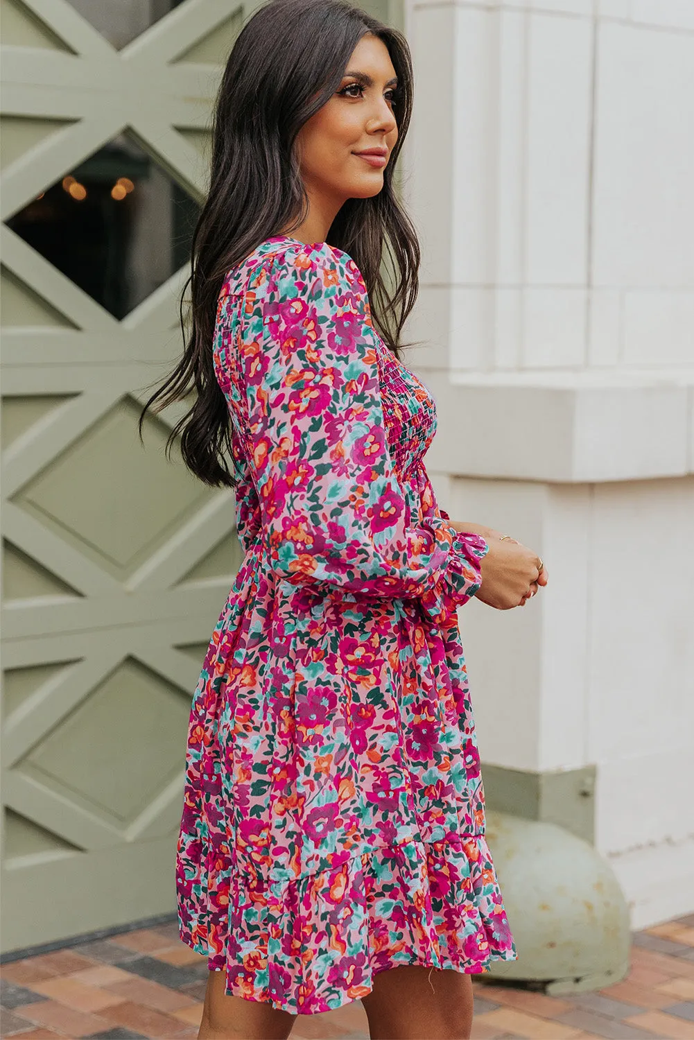 Floral Smocked V-Neck Flounce Sleeve Dress