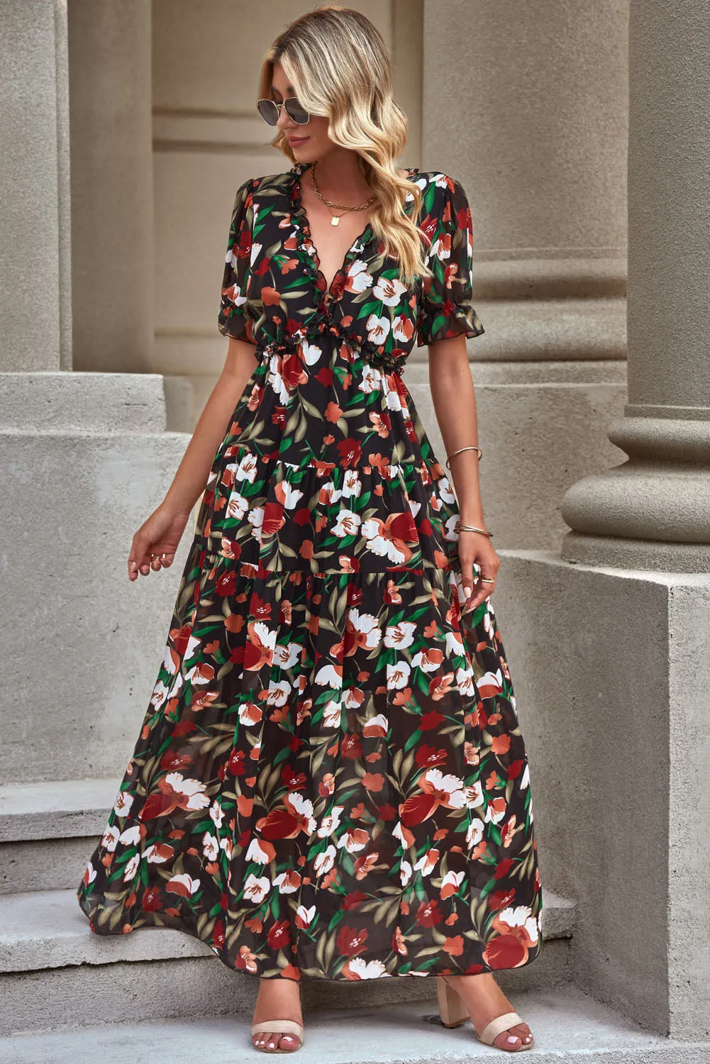 Floral V-Neck Short Flounce Sleeve Dress