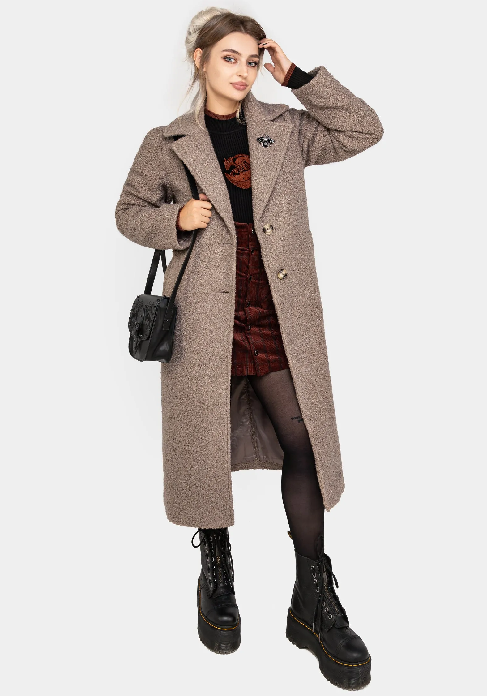 Gorgon Bouclé Longline Oversized Coat with Bee Brooch - Taupe