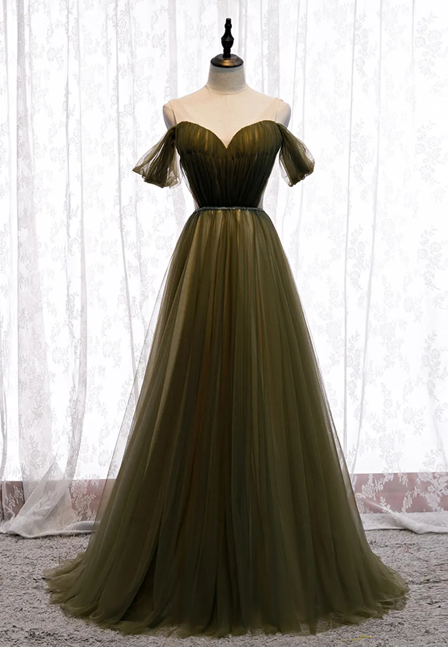 Green Tulle Long A-Line Prom Dresses Off the Shoulder Evening Dresses