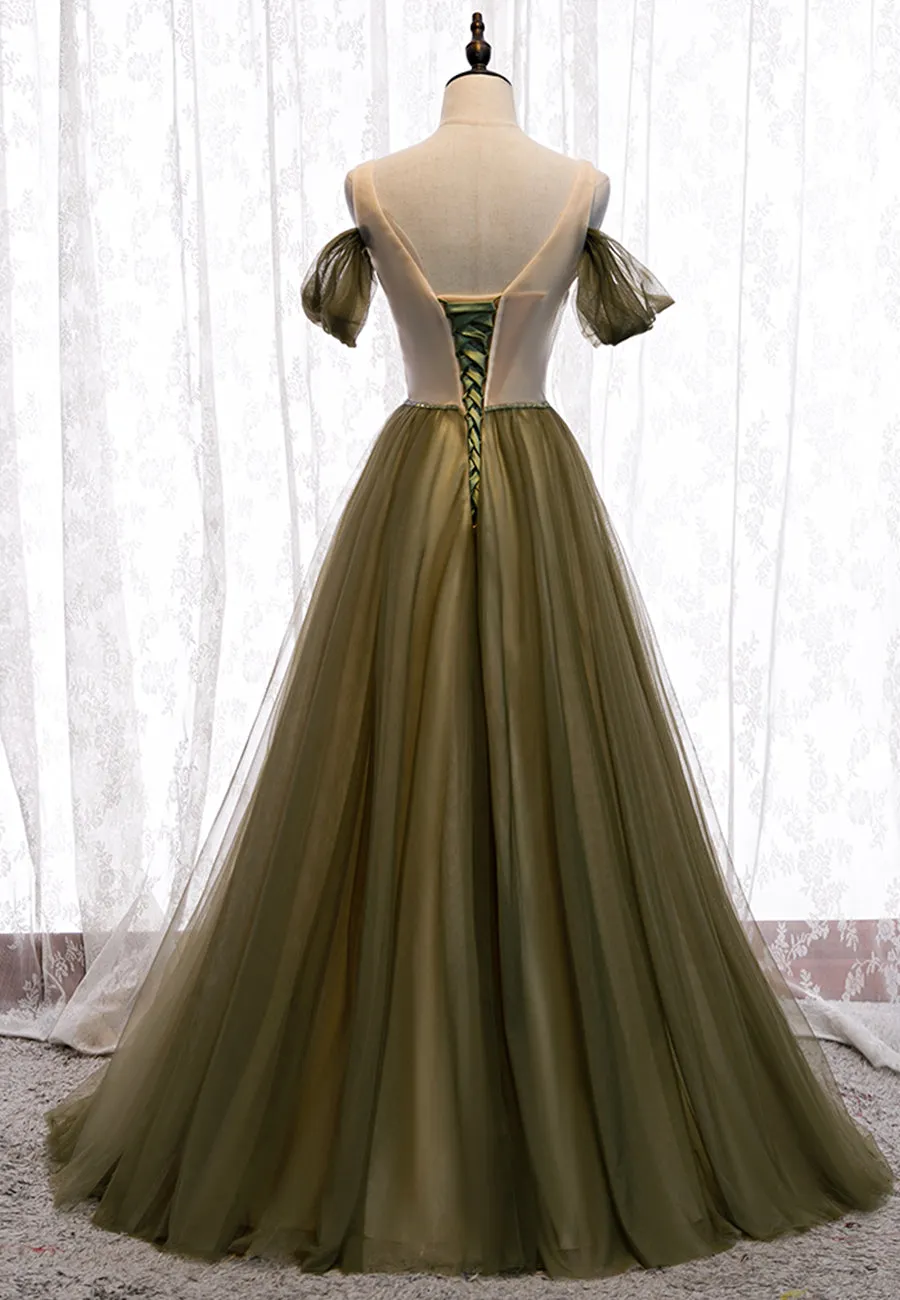 Green Tulle Long A-Line Prom Dresses Off the Shoulder Evening Dresses