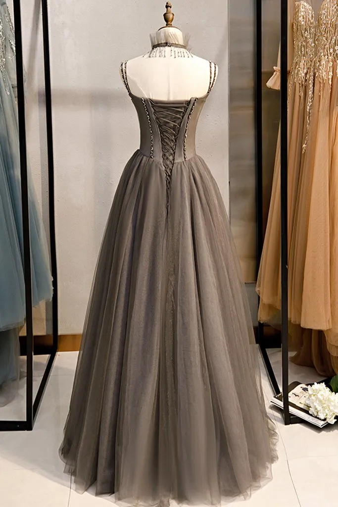 Grey Tulle Long Banquet Party Dress Sweetheart A Line Custom Size Prom Dress KS6525