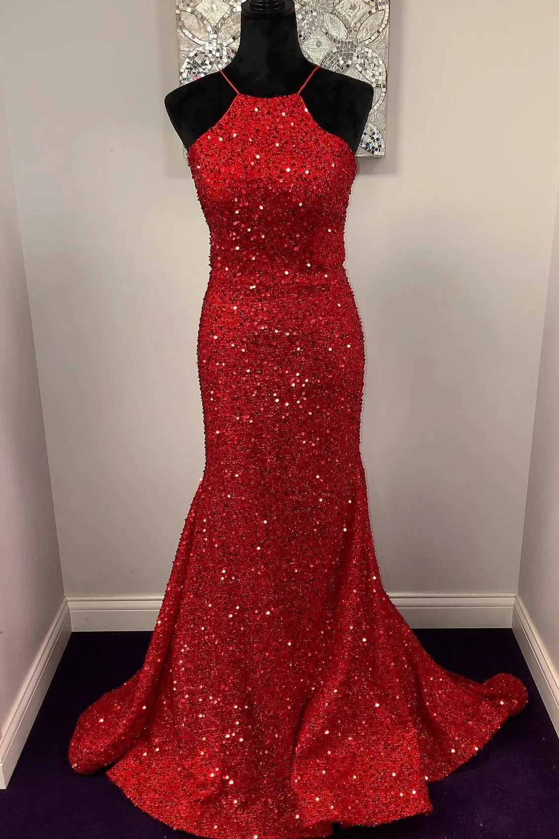 Halter Mermaid Red Sequins Long Dress