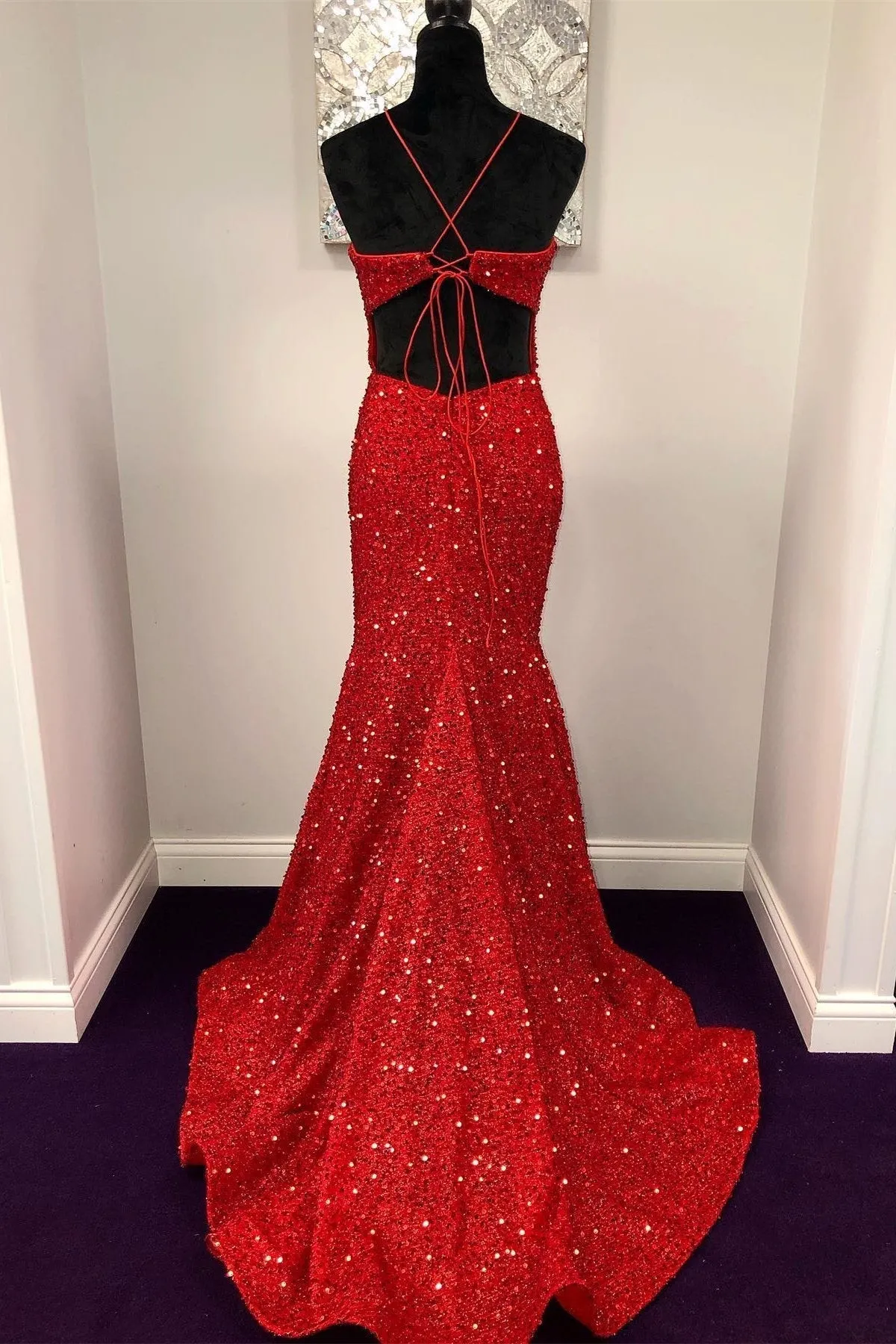 Halter Mermaid Red Sequins Long Dress