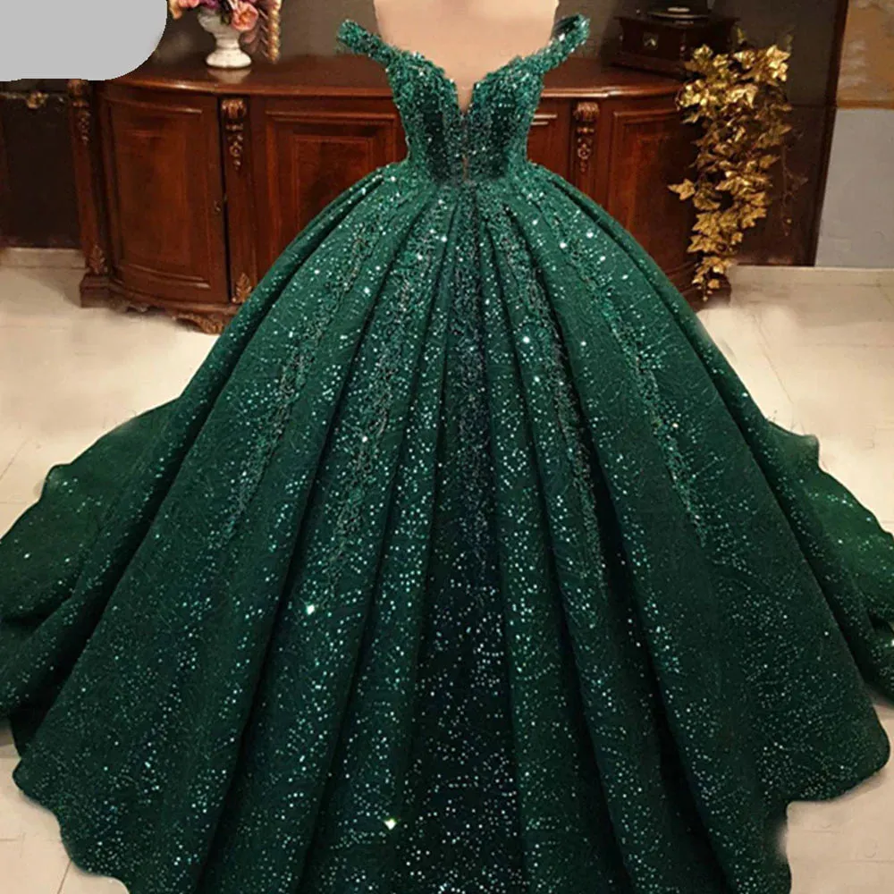 Hot Appliques Ball Gowns Dark Green Wedding Dress Sequin Quinceanera Dresses