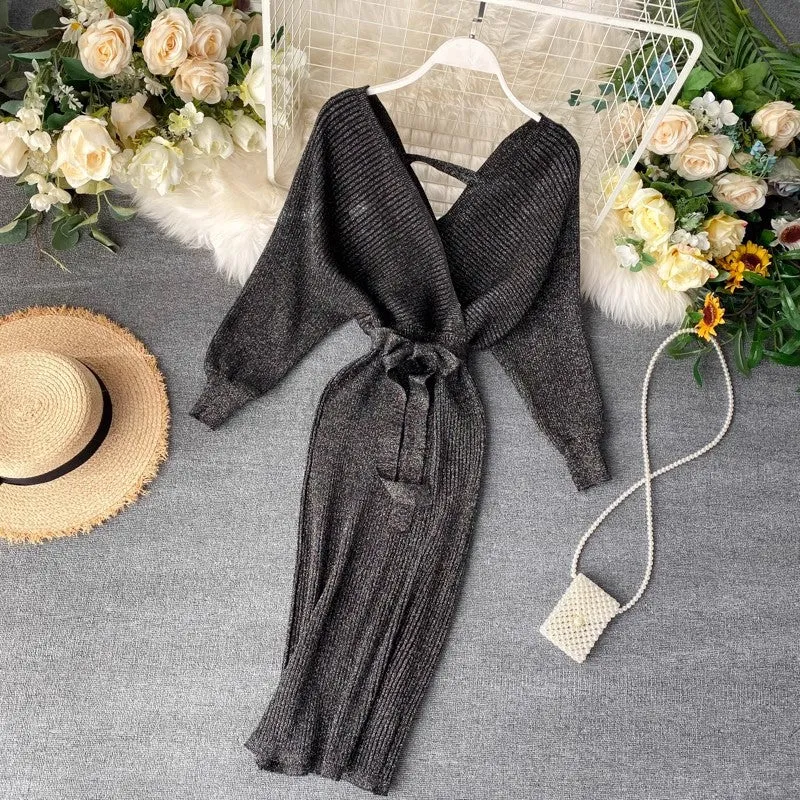 knitted dress for women fashionable V-neck sexy skirt   S4556