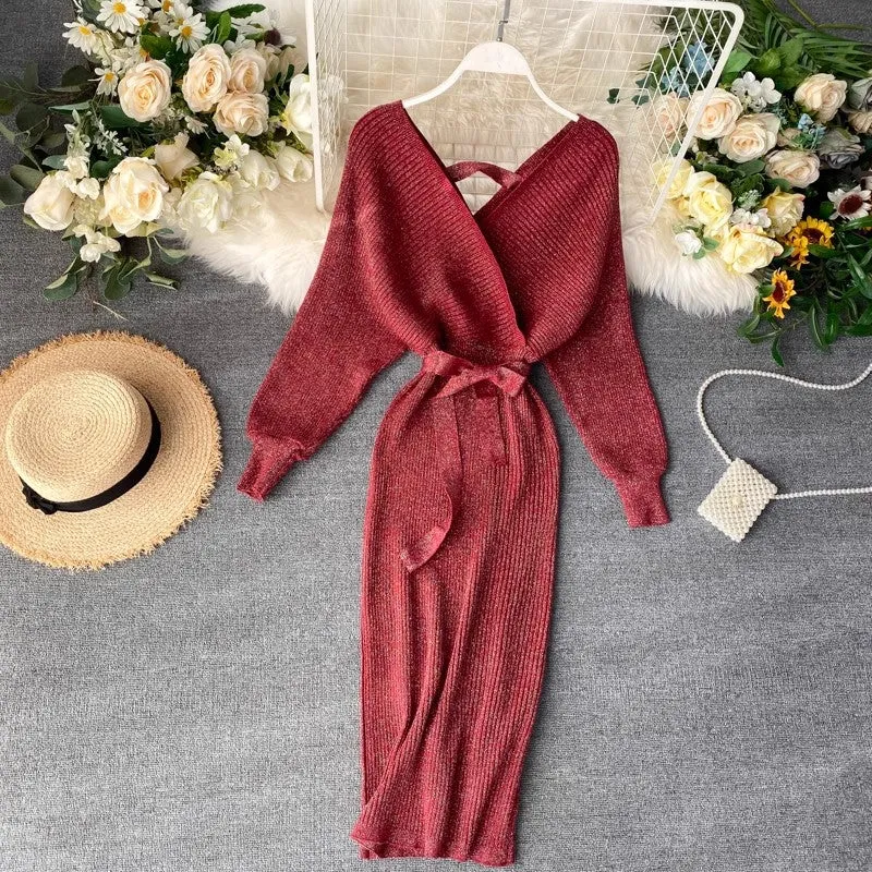 knitted dress for women fashionable V-neck sexy skirt   S4556