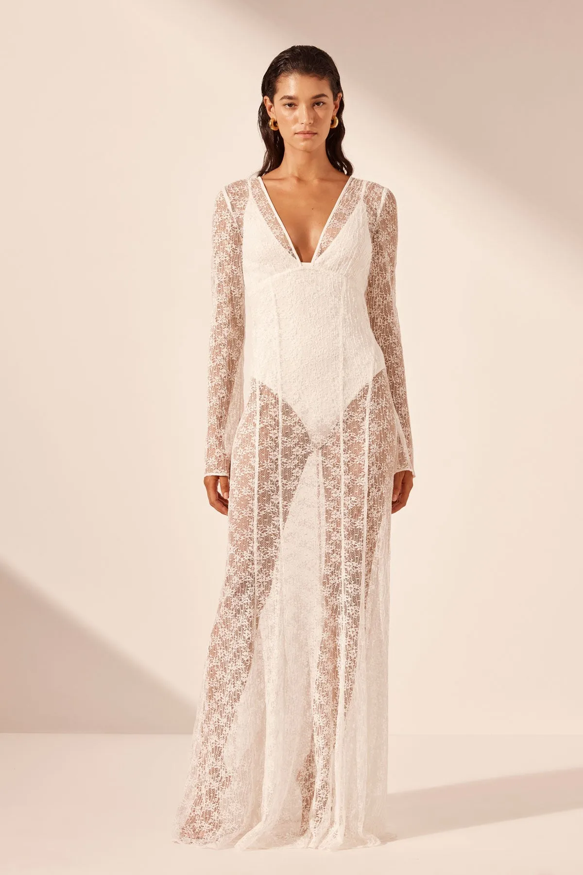 LA LUNE SOL LACE PLUNGED PANELLED MAXI DRESS - IVORY