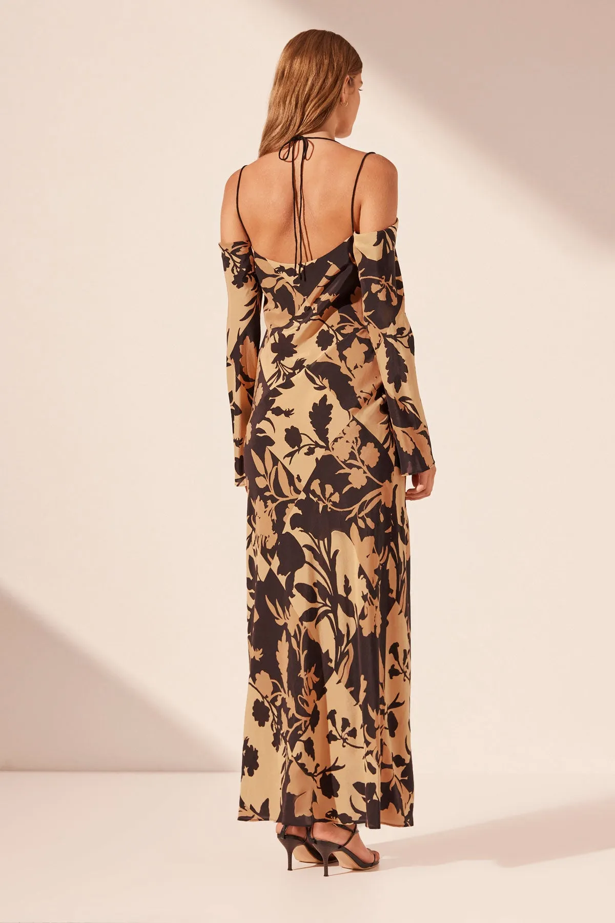 LAI SILK OFF THE SHOULDER TIE MAXI DRESS