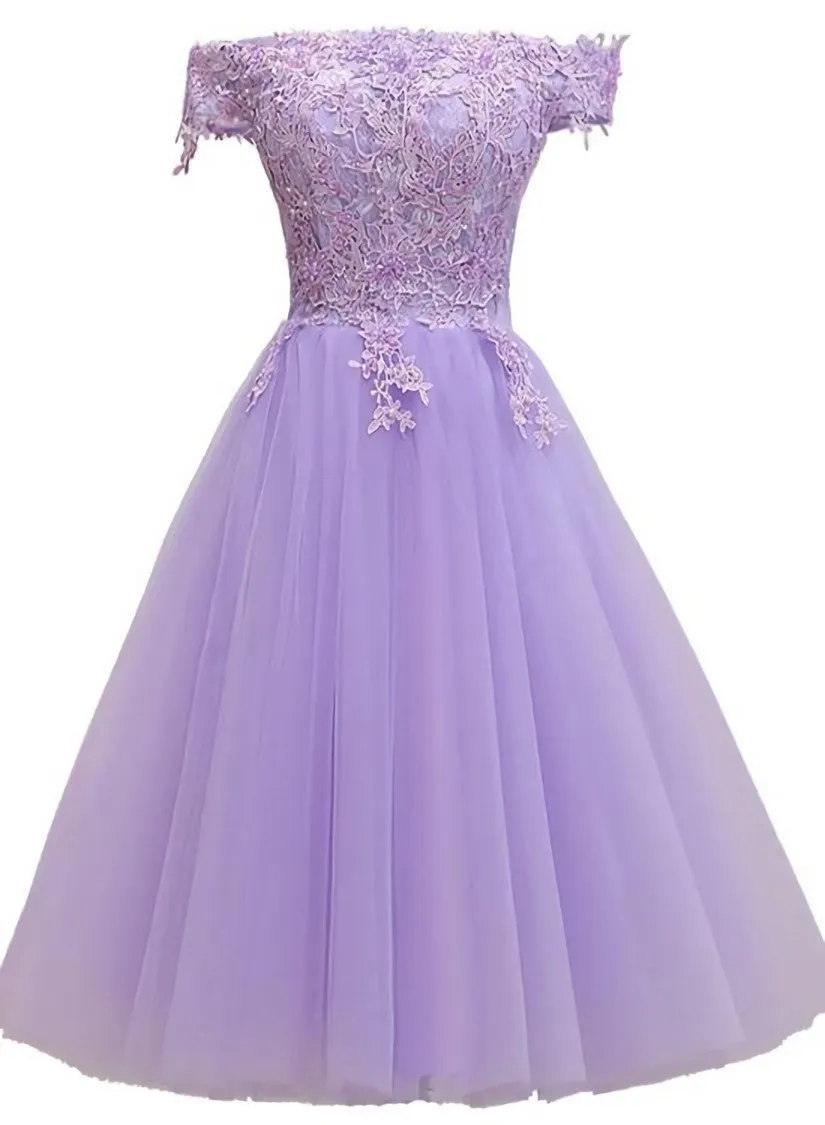 Lavender Homecoming Dress, A-line Lace Shoulder Short Cocktail Dresses