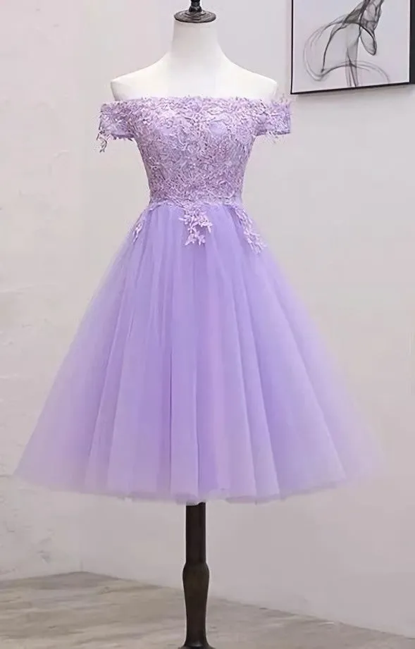 Lavender Homecoming Dress, A-line Lace Shoulder Short Cocktail Dresses