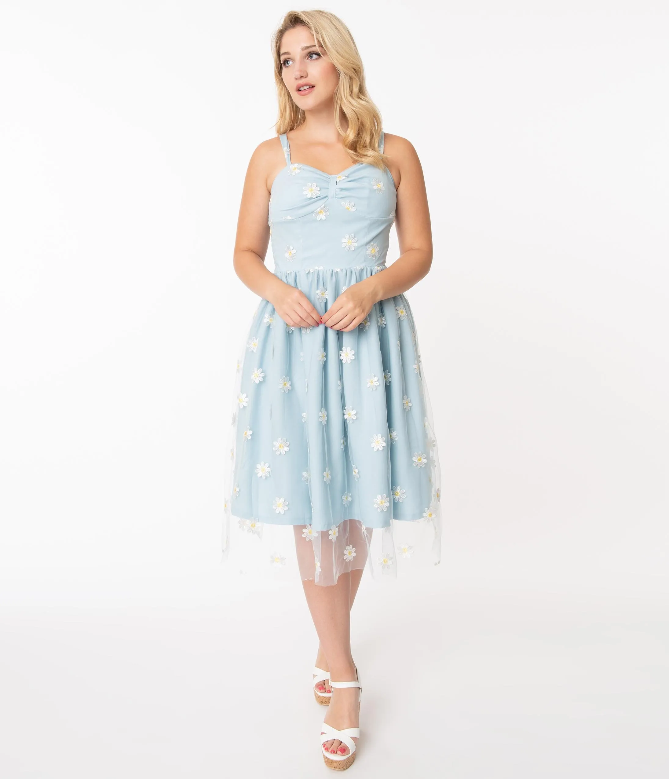 Light Blue & Daisy Floral Mesh Monica Swing Dress