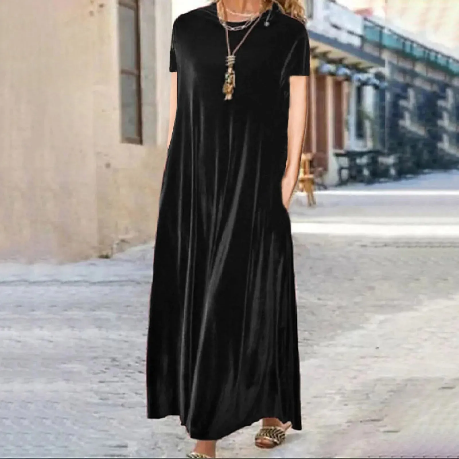 Long-Sleeved Solid O-neck Casual Velvet Fashionable Spring Casual Elegant Dress