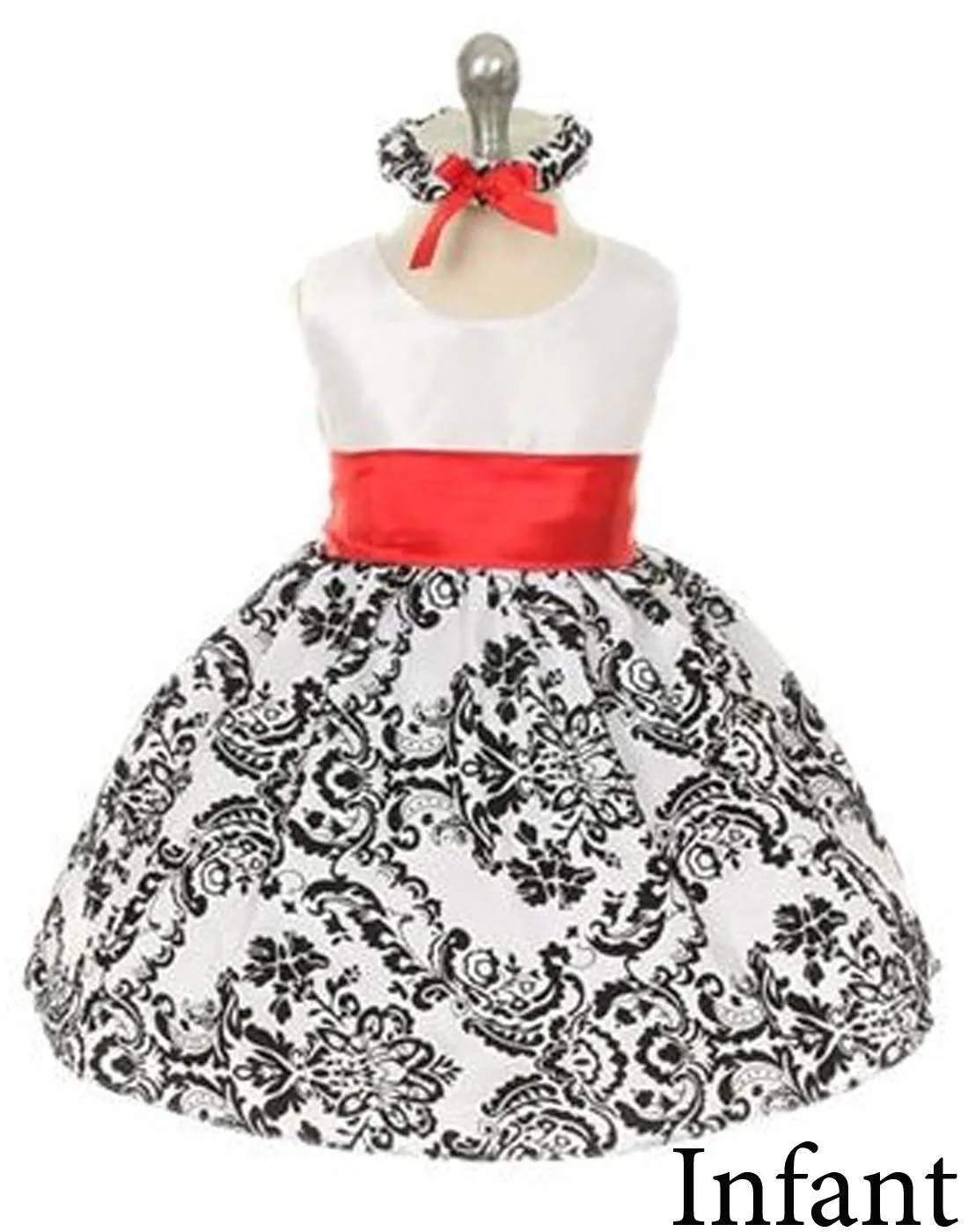 Lovely Dress with Black Velvet Flocked Damask On White Taffeta - Red