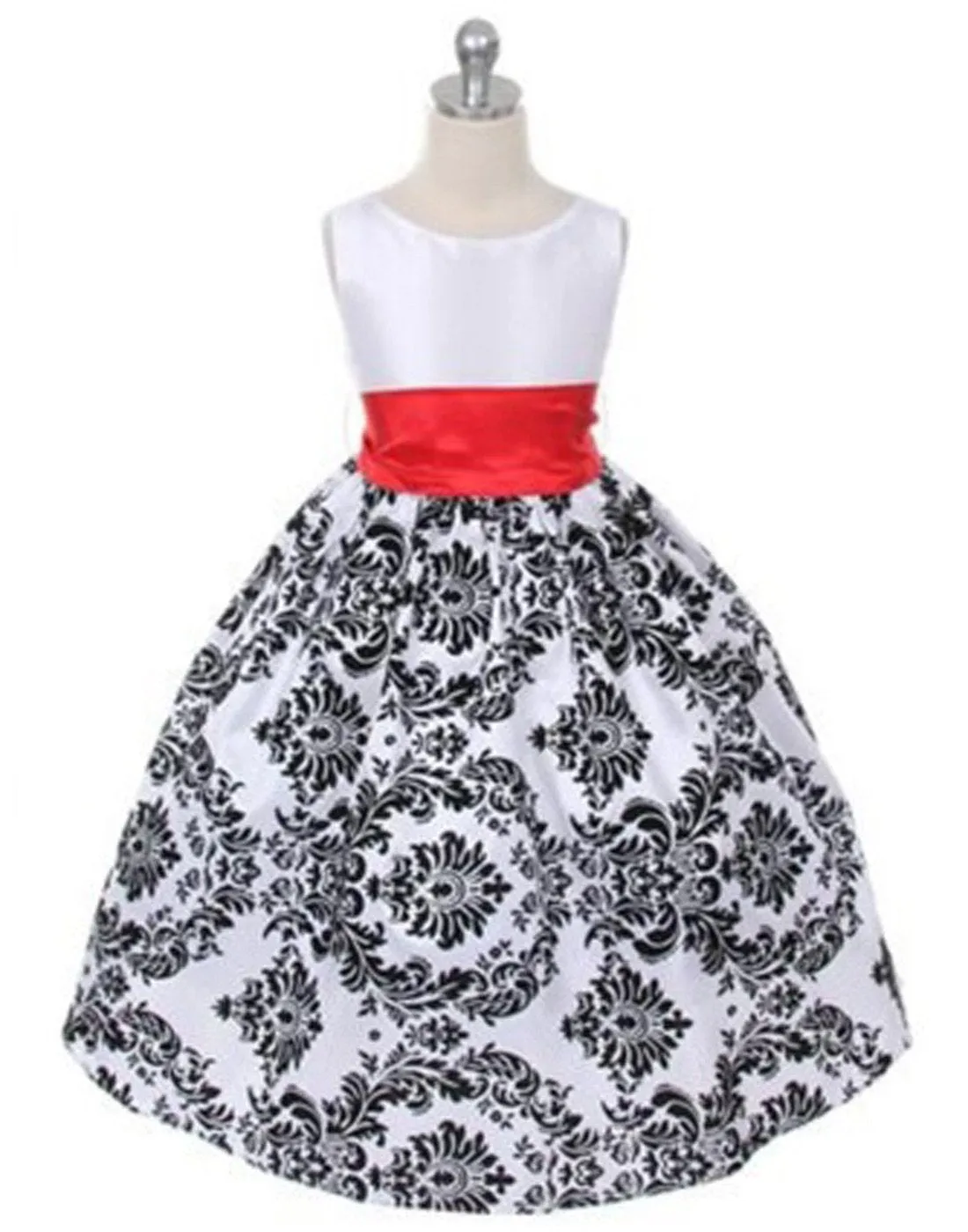 Lovely Dress with Black Velvet Flocked Damask On White Taffeta - Red