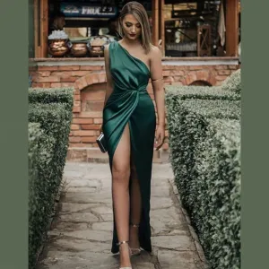 Mermaid One Shoulder Side Slit Simple Eramald Green Long Prom Dresses