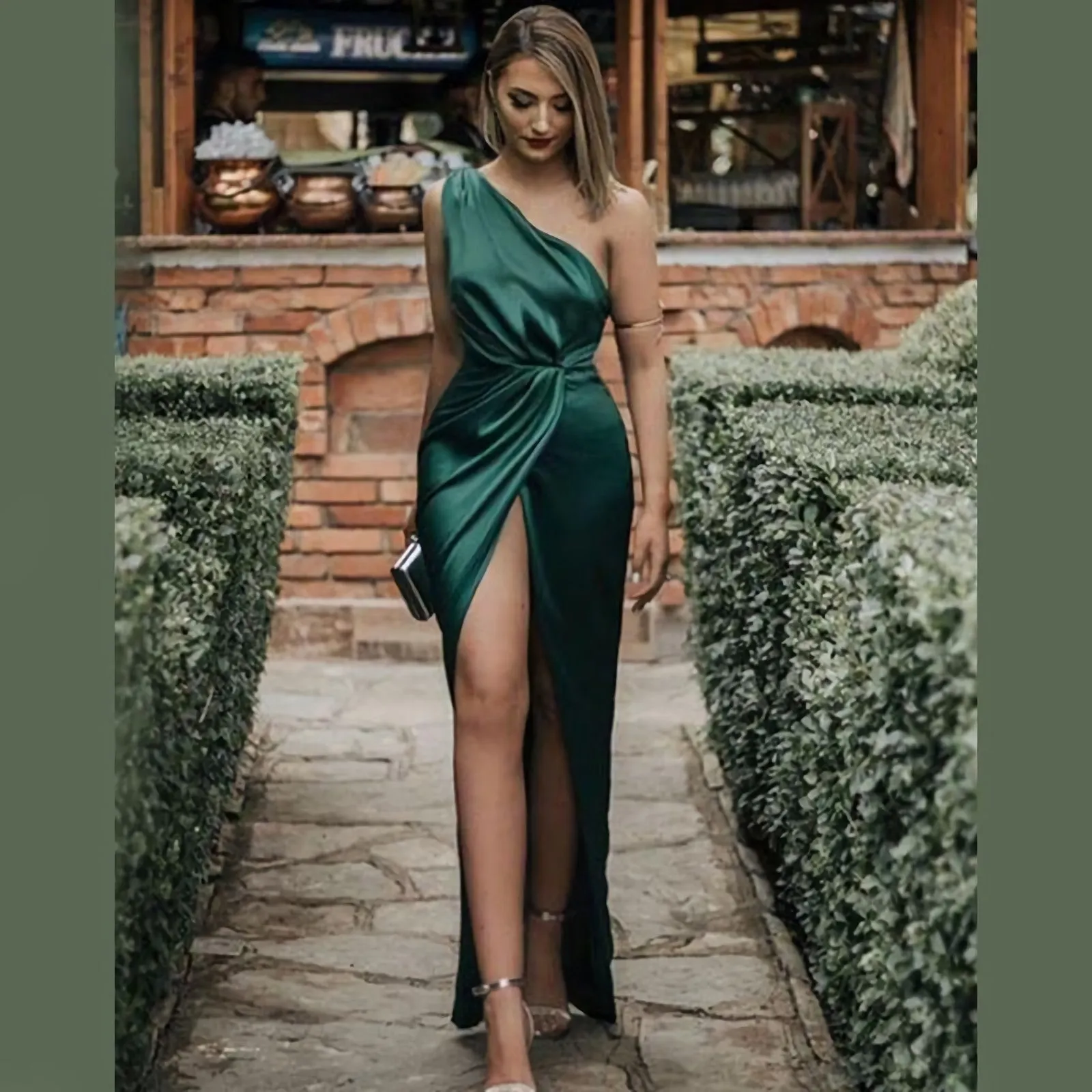 Mermaid One Shoulder Side Slit Simple Eramald Green Long Prom Dresses