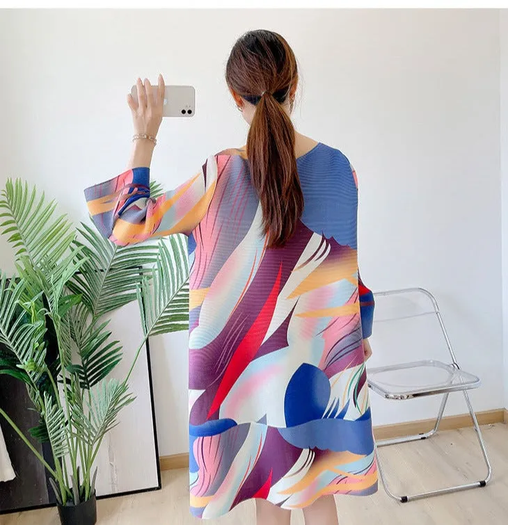 Miyake Pleated Printed Bell Sleeve Mini Dress