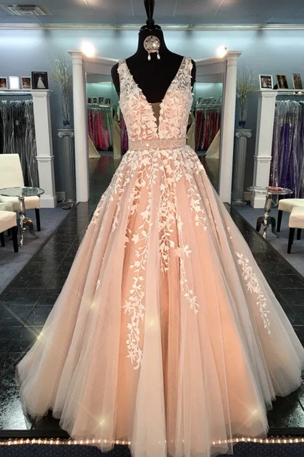 modest prom gowns deep v neck prom dresses handmade lace tulle a line quinceanera dresses