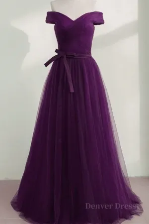 Off Shoulder Purple Tulle Long Prom Dresses Off the Shoulder Purple Formal Dresses Purple Evening Dresses