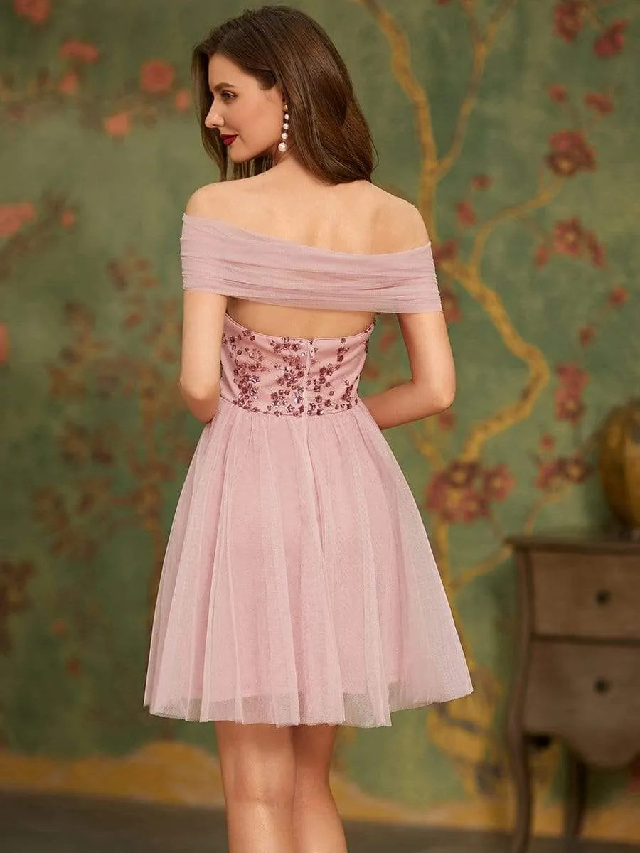 Off the Shoulder Sequin Bodice Above Knee Length Tulle Prom Dress