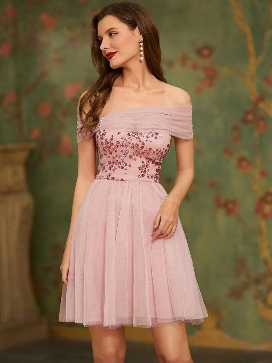 Off the Shoulder Sequin Bodice Above Knee Length Tulle Prom Dress