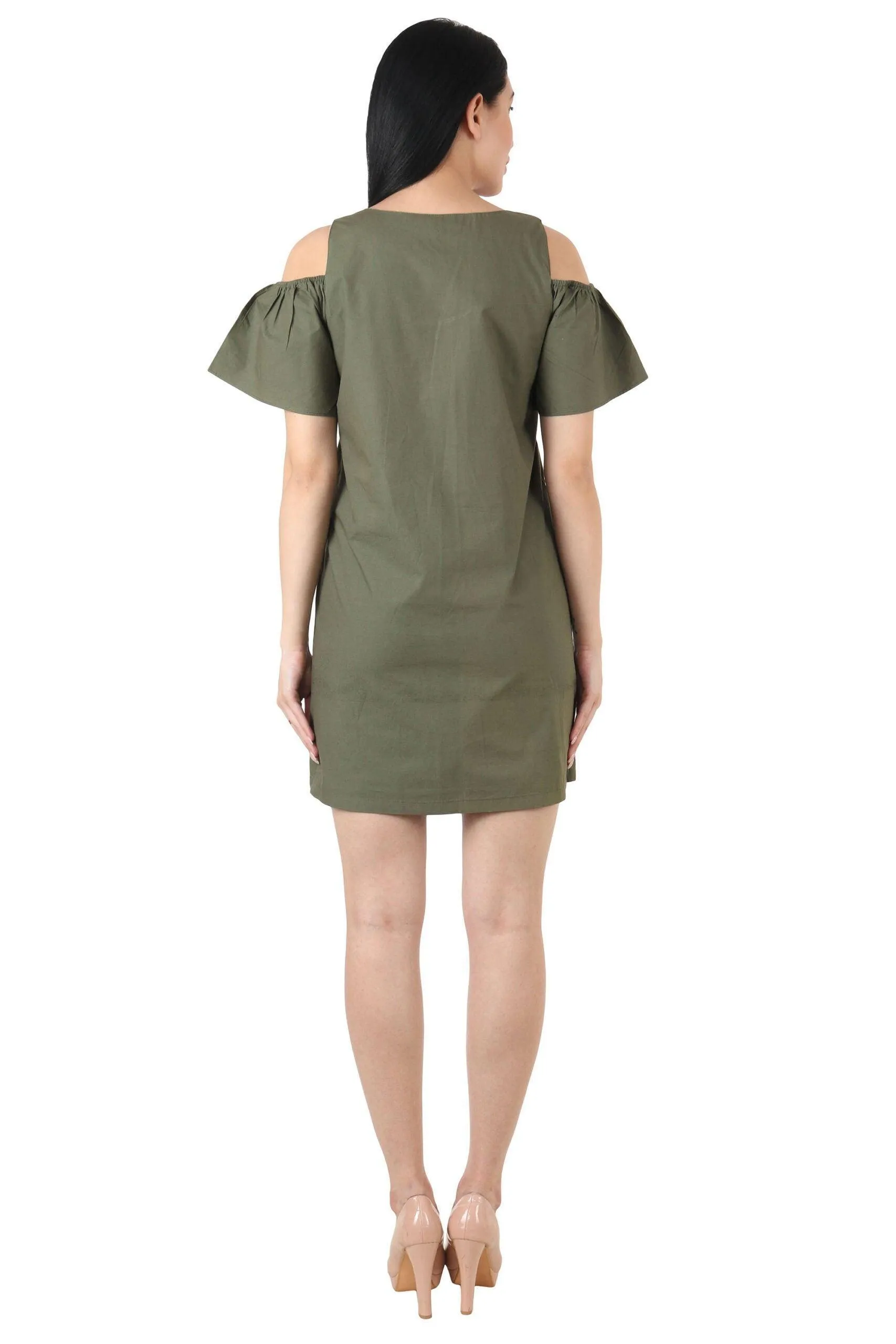 Olive Green Solid Cold Shoulder Dress