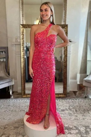 One Shoulder Shiny Sequins Prom Dress Cheap Evening Dresses With Slit #QWE016