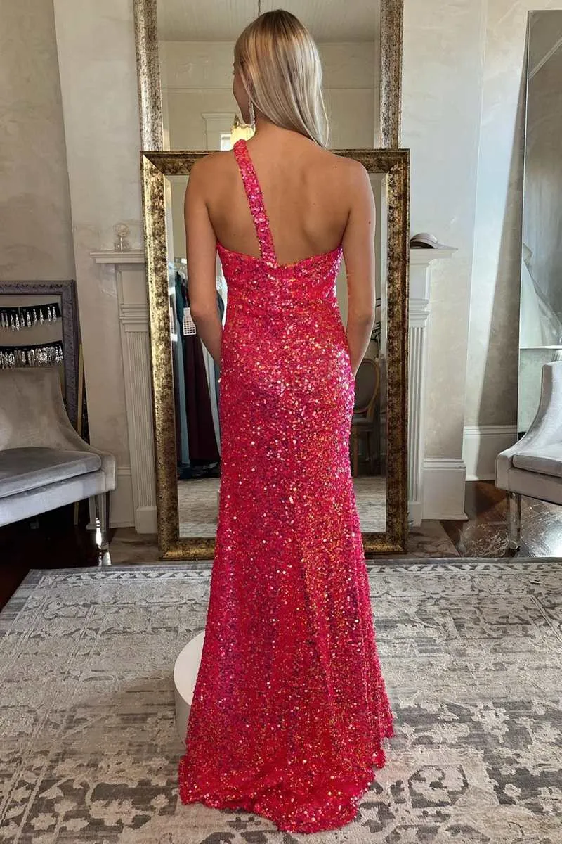 One Shoulder Shiny Sequins Prom Dress Cheap Evening Dresses With Slit #QWE016