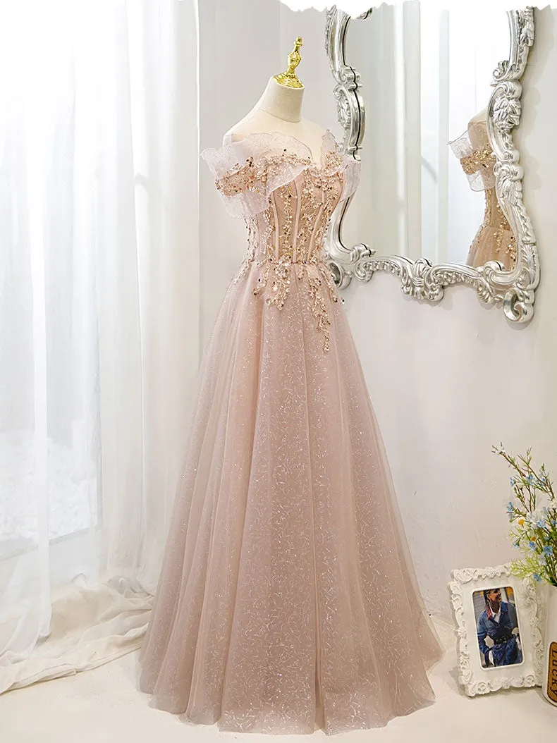 Pink Off Shoulder Shiny Tulle with Beaded and Lace Prom Dress Pink Formal Dresses