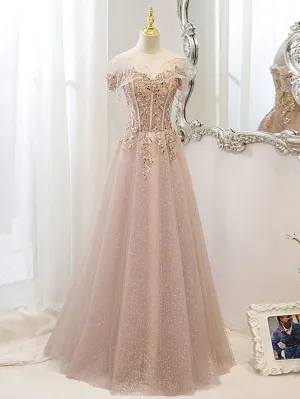 Pink Off Shoulder Shiny Tulle with Beaded and Lace Prom Dress Pink Formal Dresses