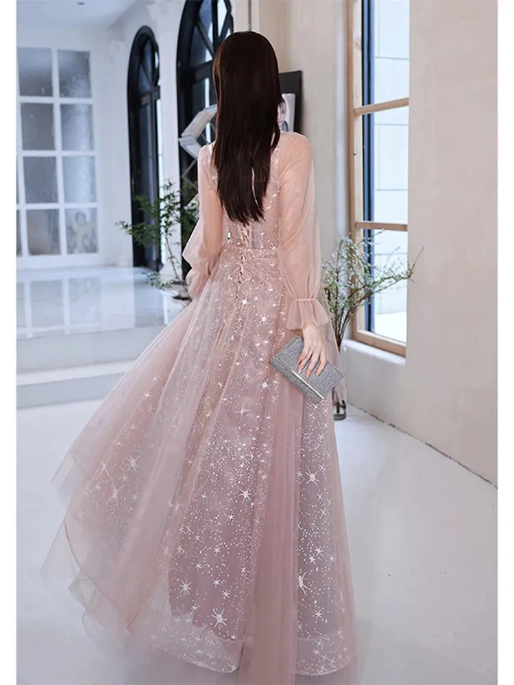 Pink Prom Gowns Long Sleeves For Graudation Party Shiny Star Glitter A-Line Floor-Length Tulle Women Formal Evening Dresses