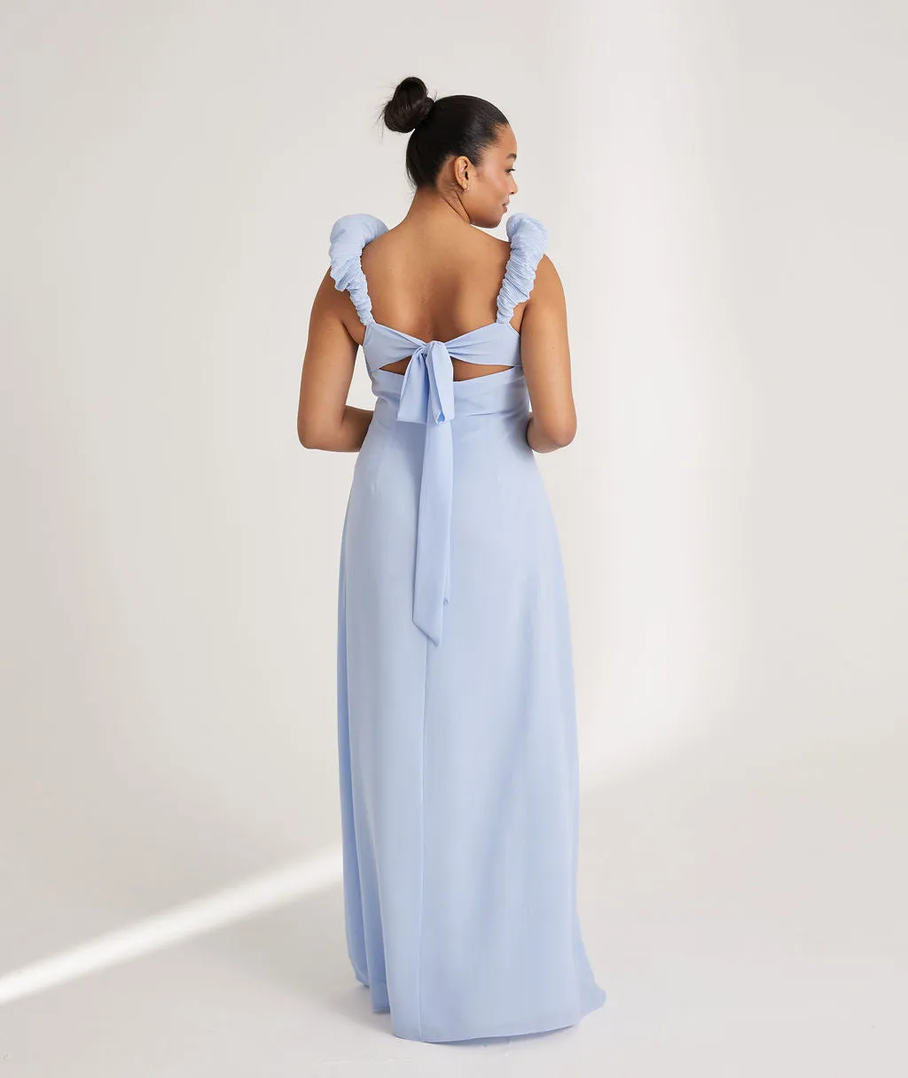 Pleated Statement Shoulder Chiffon Bridesmaid Dress - Cornflower Blue