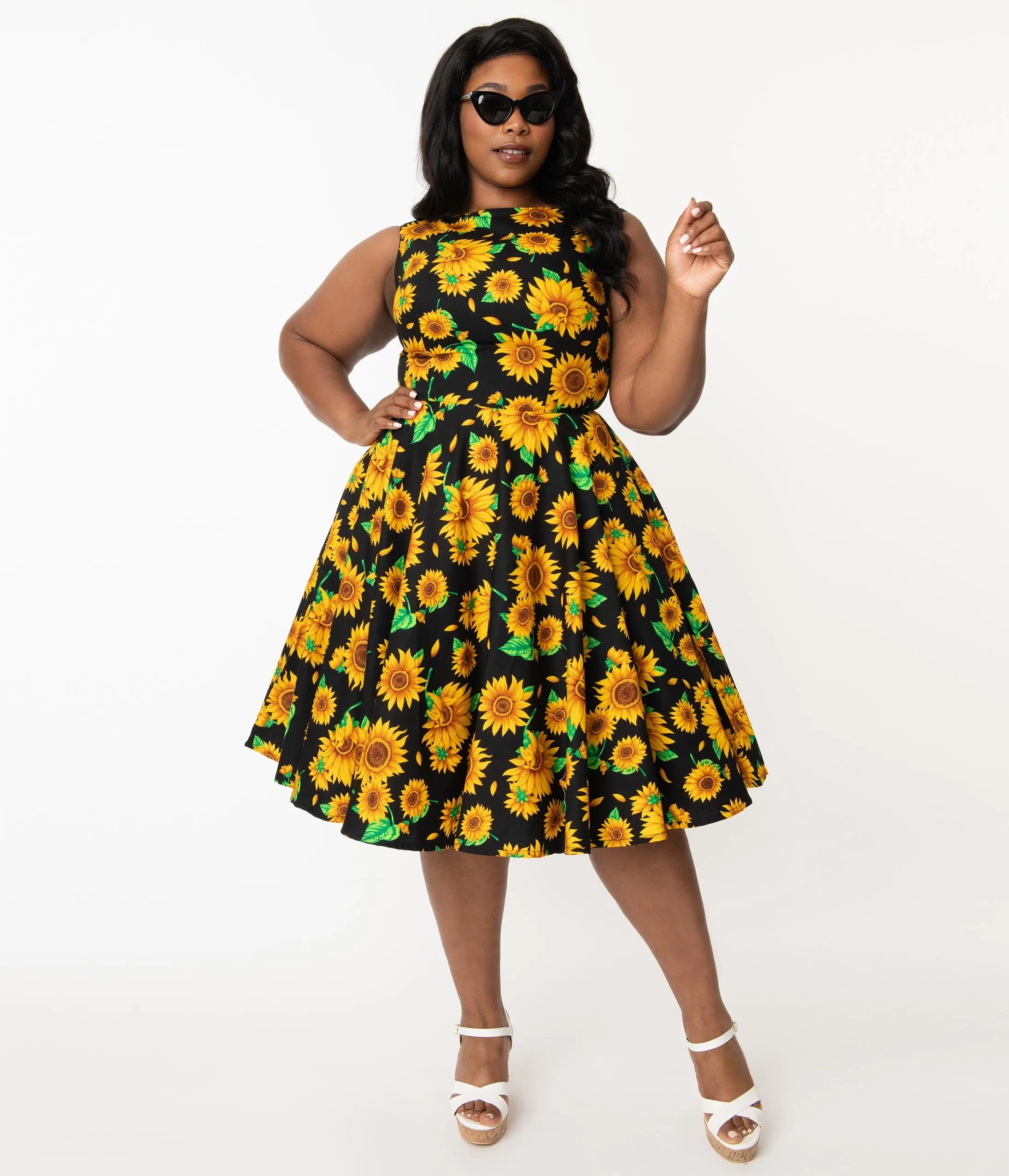 Plus Size Black & Yellow Sunflower Audrey Swing Dress